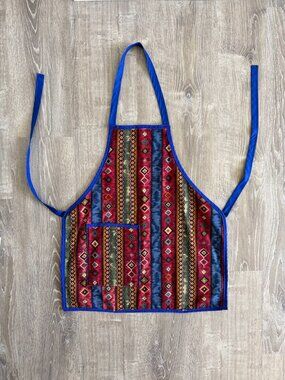 Colorful Apron with Front Pocket, Geometric Pattern & Blue Trim | Kitchen Apron